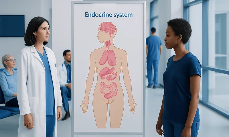 Medical professional explaining the endocrine system to a patient in a hospital corridor.