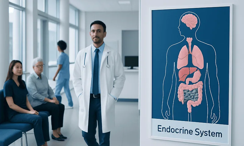 Doctor in clinic with endocrine system diagram on poster.