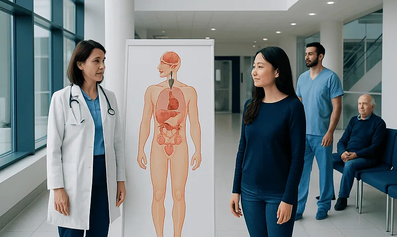 Medical consultation about the human endocrine system in a hospital setting.