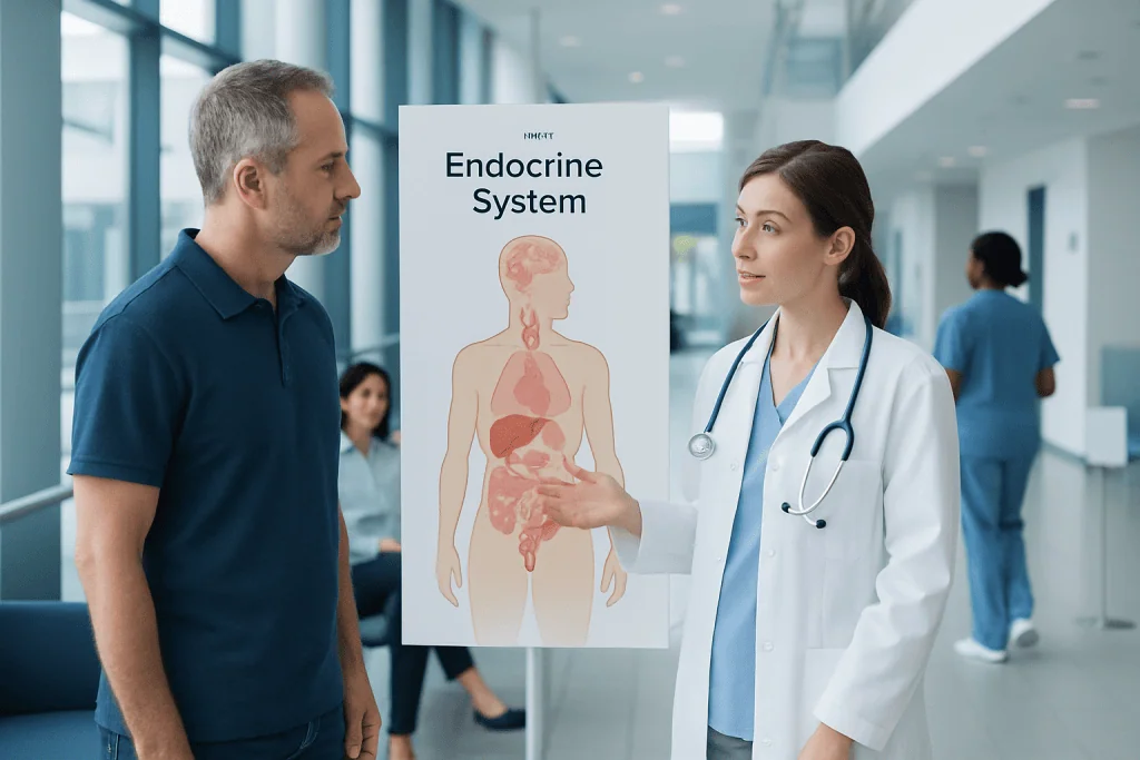 Endocrine System Explained: Glands, Hormones, and Their Functions 1 Doctor explaining endocrine system to patient in hospital corridor.