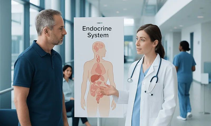 Doctor explaining endocrine system to patient in hospital corridor.
