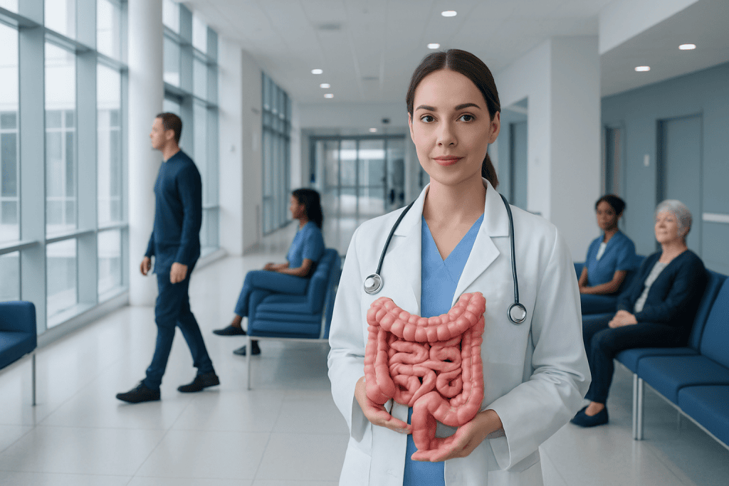 Intestines Explained: Small vs Large Intestine 1 Doctor holding a model of the human intestines in a hospital waiting area.