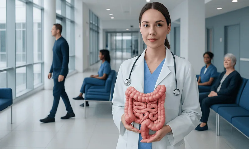 Doctor holding a model of the human intestines in a hospital waiting area.