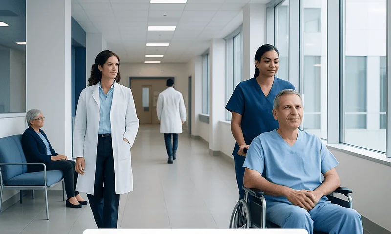 Kidney Transplant Recovery Timeline 1 Patients and medical staff in hospital corridor, kidney transplant recovery.