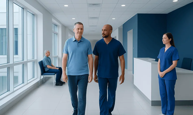 Hospital corridor with patients and staff, healthcare setting.