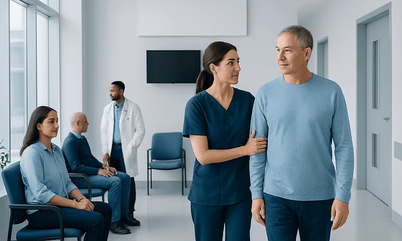 Doctor comforting a patient in a hospital corridor during recovery.