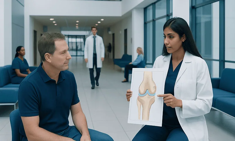 Knee Joint Anatomy Made Simple: Bones, Cartilage, Ligaments, and Common Injuries 6 Doctor explaining knee joint anatomy to patient in hospital corridor.