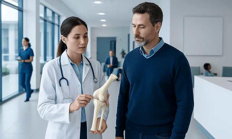 Doctor explaining knee joint anatomy with a model to a patient in a hospital.