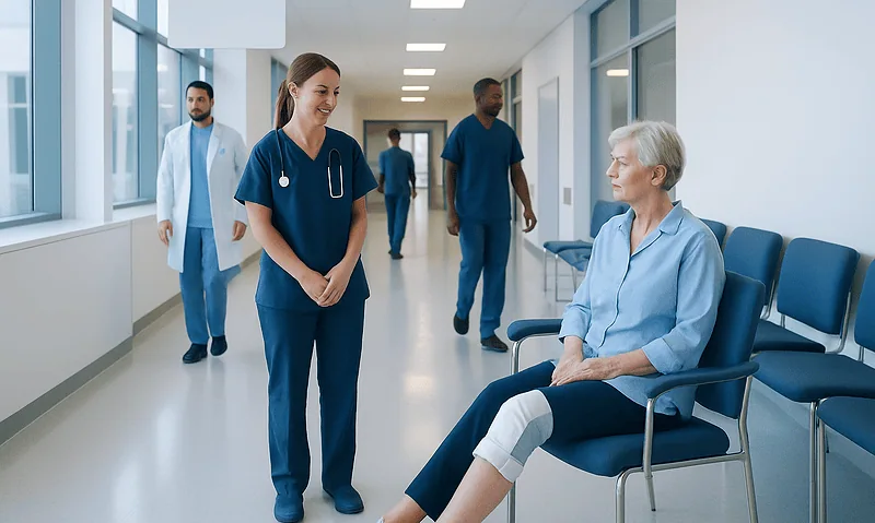 Knee Replacement Recovery Timeline: What to Expect 12 Nursing staff consulting an elderly patient in a hospital corridor.