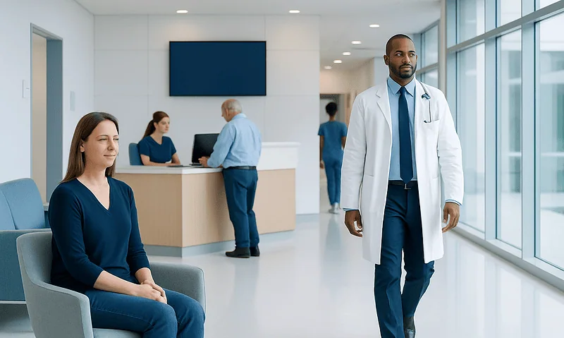 Healthcare professionals and patients in a modern hospital lobby.