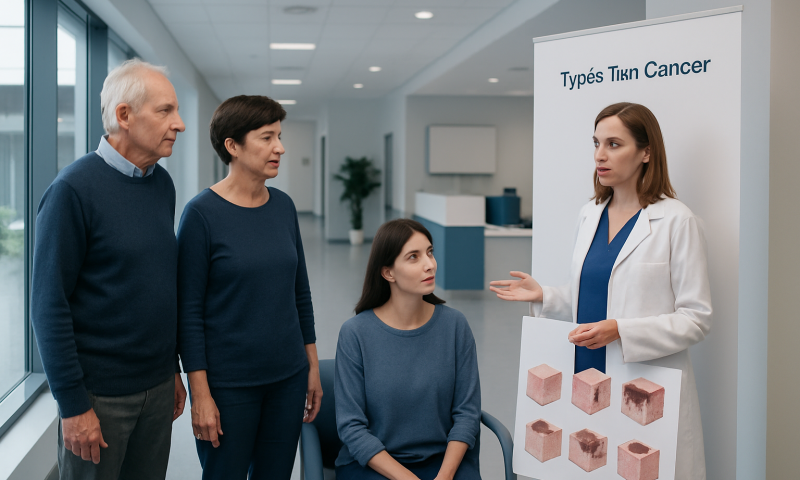 Medical professional explaining skin cancer types to patients in a hospital setting.