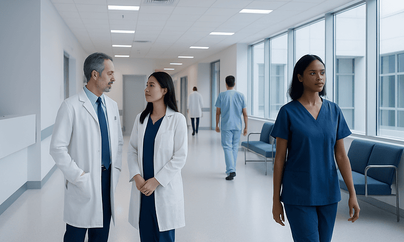 Medical professionals in hospital corridor engaging in discussion.