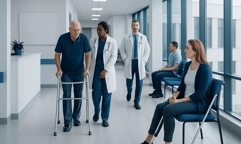 Orthopedic Recovery Timeline: Healing, Rehab, and Return to Activity 2 Elderly patient with walker in hospital corridor with medical staff and waiting patients.
