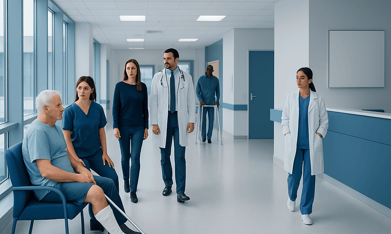 Orthopedic Surgery Recovery Timeline: Healing Milestones and Aftercare 13 Medical team consulting patient in hospital corridor for orthopedic recovery.
