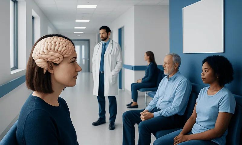 Patient in a neurological consultation at a hospital corridor.