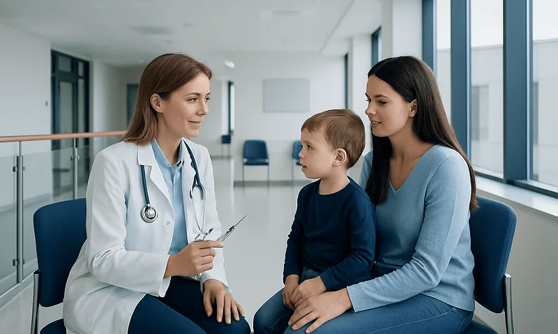Pediatric Vaccination Schedule: Which Shots Children Need and When 4 Pediatric vaccination consultation at Acibadem Hospital with doctor, mother, and child.