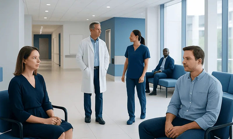 Patients and doctor in hospital corridor during consultation.