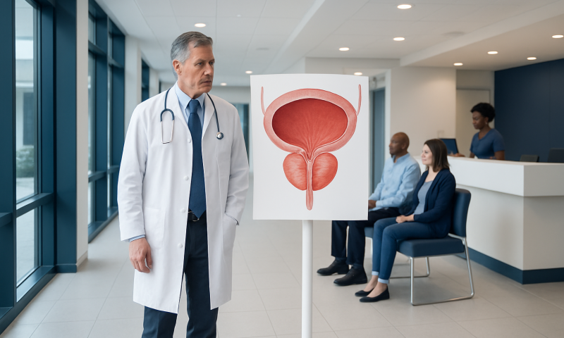Urologist explaining prostate health with diagram in clinic setting.