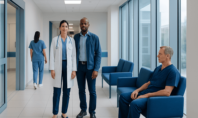 Medical professionals and patient in hospital corridor at Acibadem Hospitals Group.