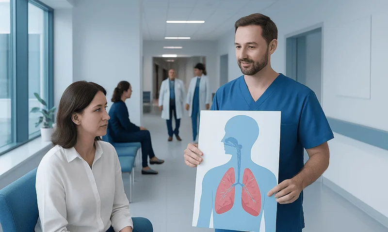 Doctor explaining lung anatomy to a patient in hospital corridor.