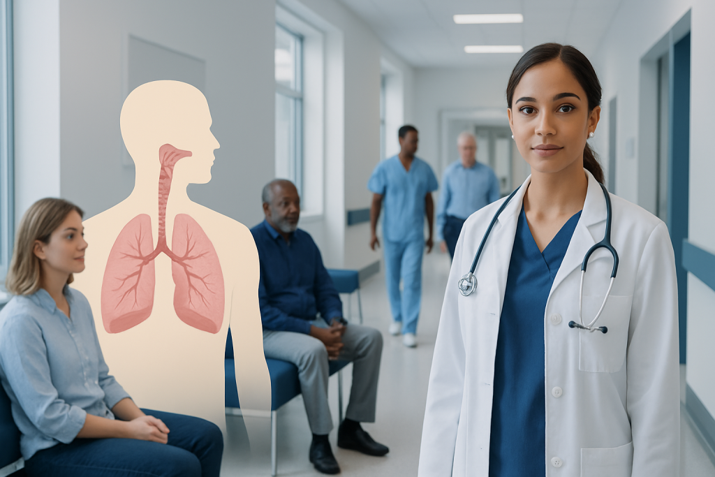 Respiratory System: How the Lungs and Airways Work 1 Medical professional with patients in a hospital corridor, lung diagram overlay.