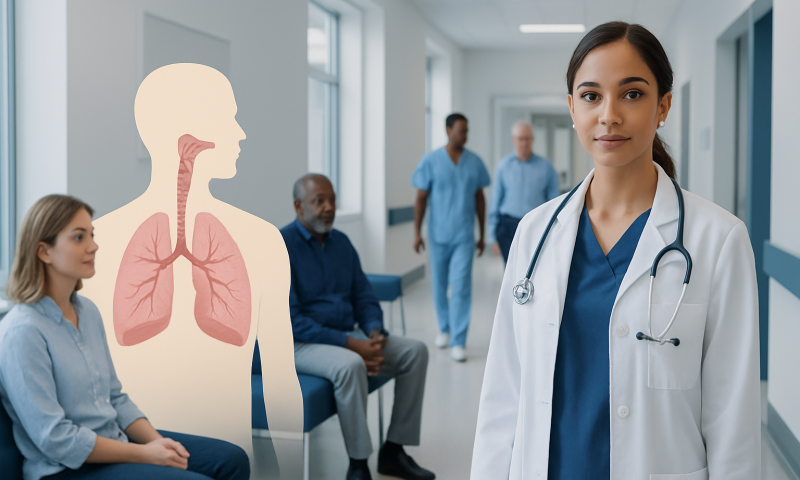 Medical professional with patients in a hospital corridor, lung diagram overlay.