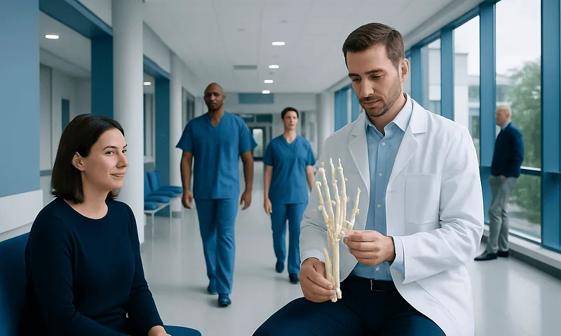 What Bones Make Up the Wrist and Hand Joints? 14 Doctor explaining wrist bones to a patient in a hospital corridor.