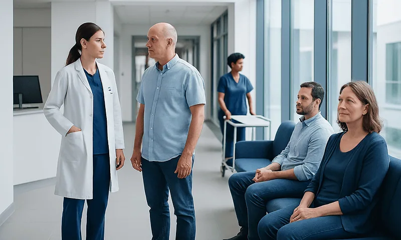 Doctor consulting with patient in hospital corridor.