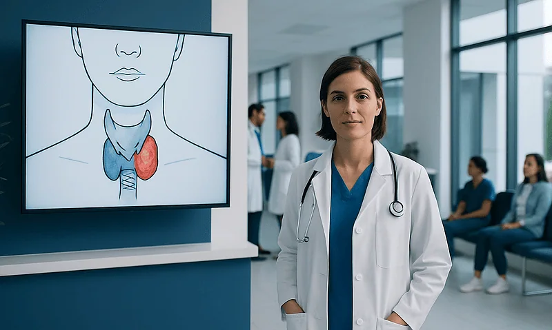 Doctor in hospital with thyroid diagram on screen for thyroid health assessment.