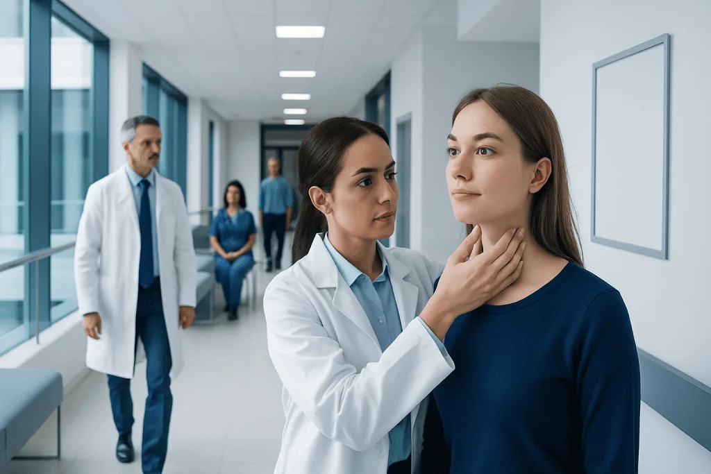 Thyroid Nodules: When ENT Evaluation, Ultrasound, or Biopsy Is Needed 1 ENT specialist examining a young woman's neck in a hospital corridor.