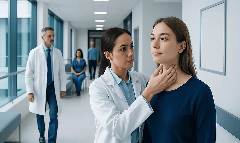 ENT specialist examining a young woman's neck in a hospital corridor.
