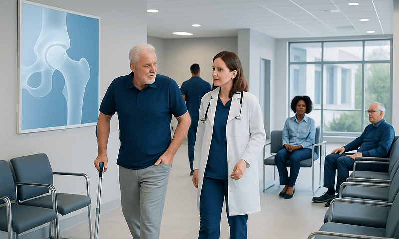 Orthopedic consultation in hospital corridor with X-ray image of hip joint.
