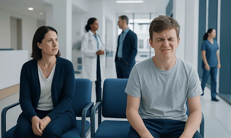 Young man experiencing tics in a hospital waiting area.