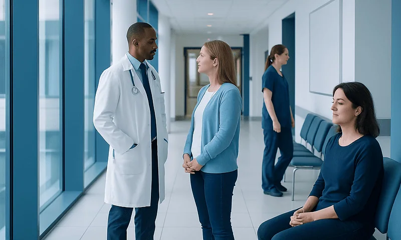 Doctor talking to a patient in a hospital corridor.