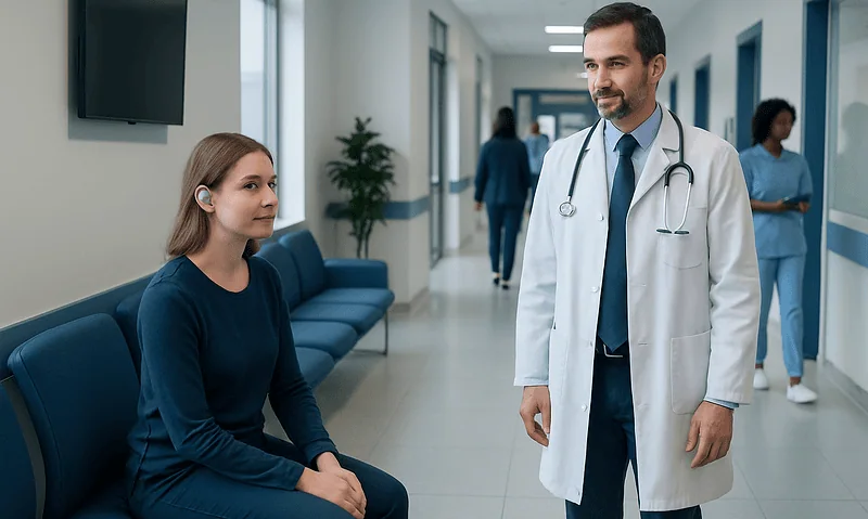 Doctor talking to a young patient in a hospital corridor.
