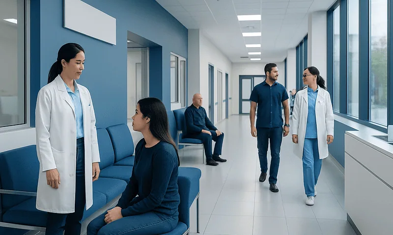 Medical professionals and patients in a hospital corridor at Acibadem Hospitals Group.
