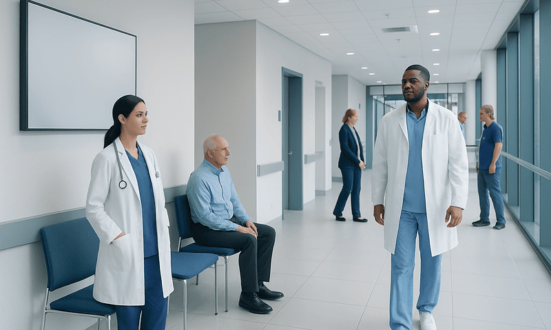 Medical professionals and patient in a modern hospital corridor.
