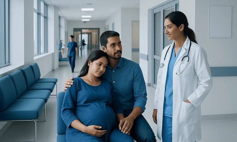 Vaginal Birth After Cesarean (VBAC): Who May Be a Good Candidate? 1 Pregnant woman with partner talking to doctor in hospital corridor.