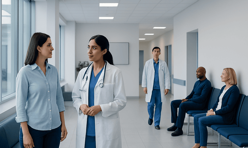 Vaginoplasty: Candidates, Procedure Steps, and Recovery Expectations 10 Medical consultation in a hospital corridor with healthcare professionals and patients.