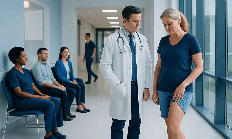 Doctor examining a woman's leg in a hospital corridor.