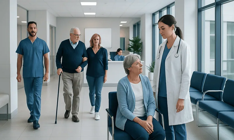 Venous Insufficiency Treatment: Compression, Procedures, and Recovery 14 Medical team consulting with elderly patient in hospital corridor.