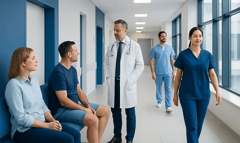 Venous Insufficiency Treatment: Symptoms, Options, and Recovery 2 Medical consultation in hospital corridor with healthcare professionals and patients.