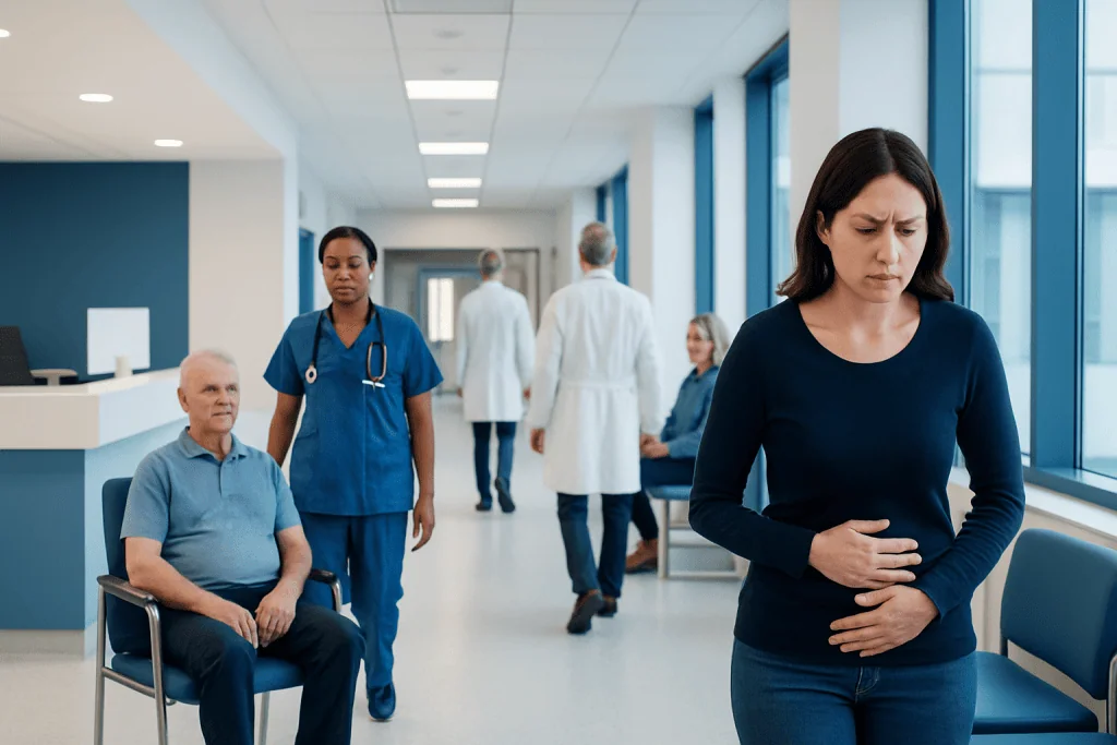 Viral Gastroenteritis: Symptoms, Dehydration Risks, and Home Care 1 Woman experiencing stomach pain in hospital corridor with medical staff and patients.
