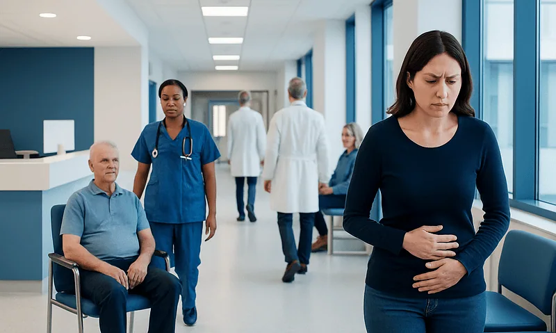 Woman experiencing stomach pain in hospital corridor with medical staff and patients.