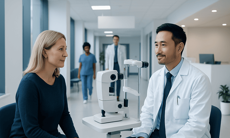 Optometrist and patient during eye examination at Acibadem Hospital.