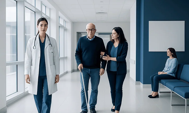 Elderly man with cane walking in hospital corridor with two women.