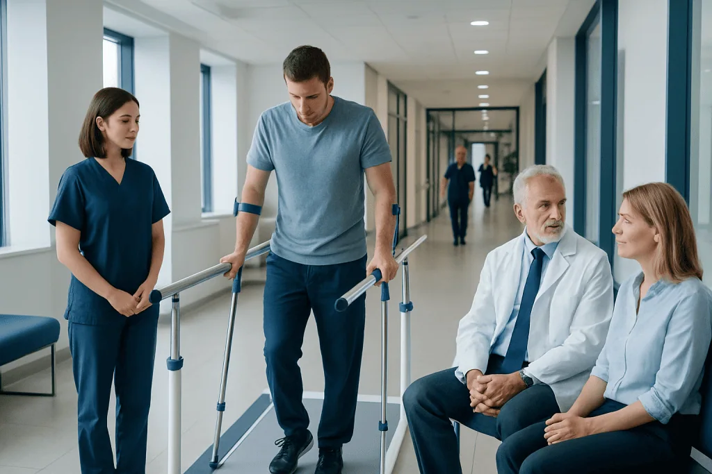 Vocational Rehabilitation: Services, Eligibility, and How It Supports Return to Work 1 Patient using crutches with medical staff in hospital corridor.