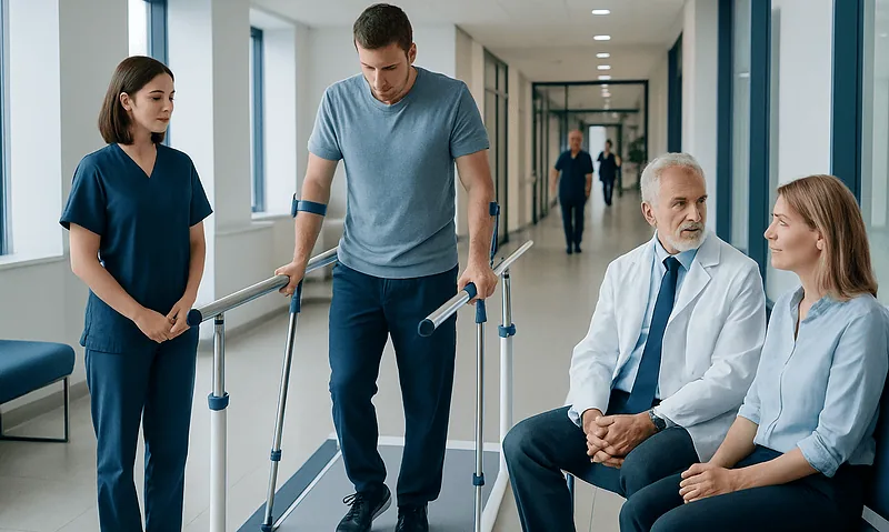 Patient using crutches with medical staff in hospital corridor.