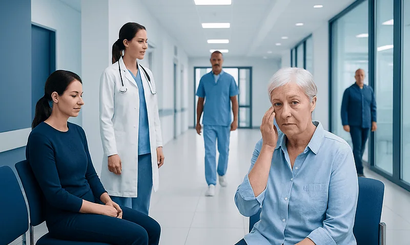Elderly woman experiencing eye discomfort in hospital waiting area.