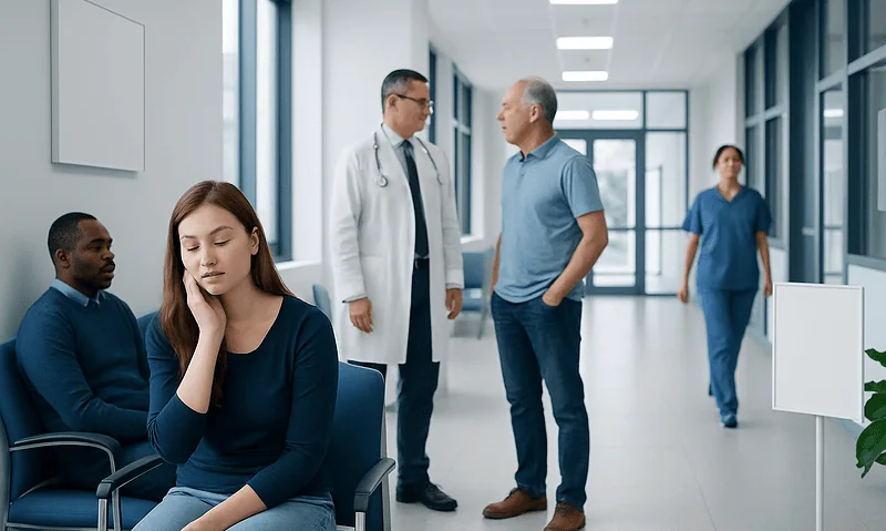 Patients waiting in a hospital corridor with medical staff consulting.
